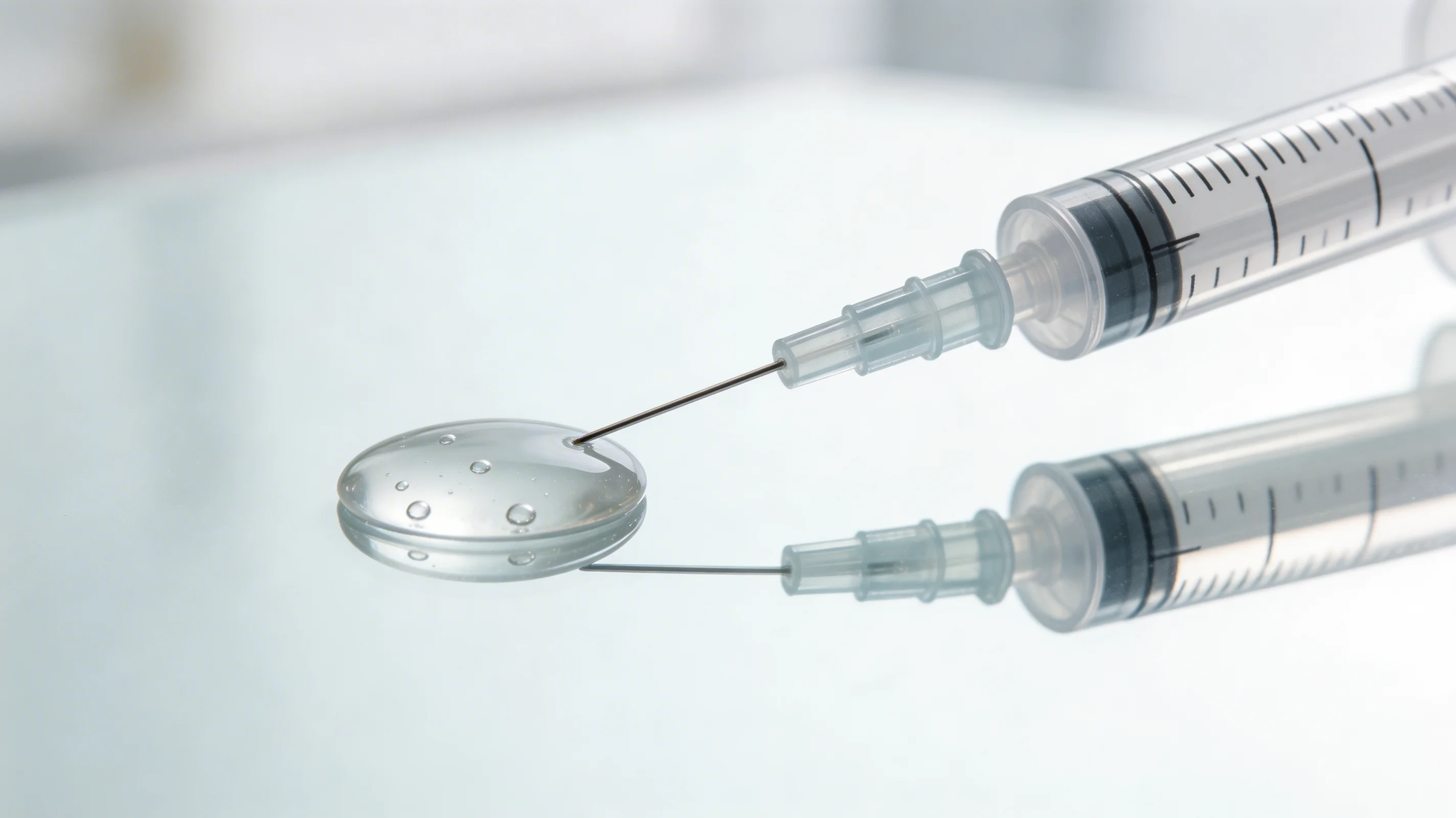 Seringue avec aiguille en contact avec une goutte claire et ronde, reflet sur une surface lisse. dissolution d'agent de comblement à la clinique skinin à brossard