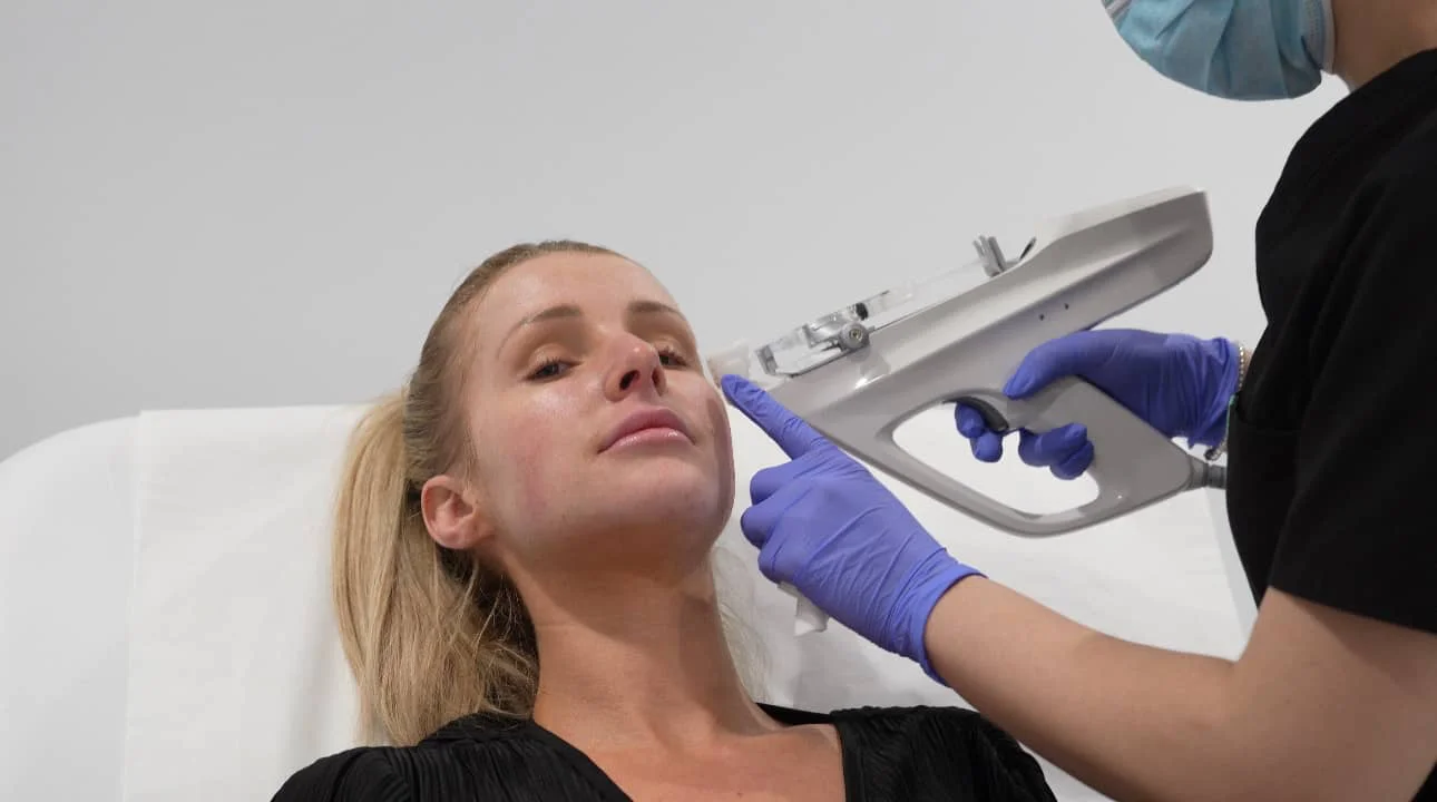 Femme recevant un traitement de stimulation cutanée au visage par un professionnel portant un masque et des gants bleus.