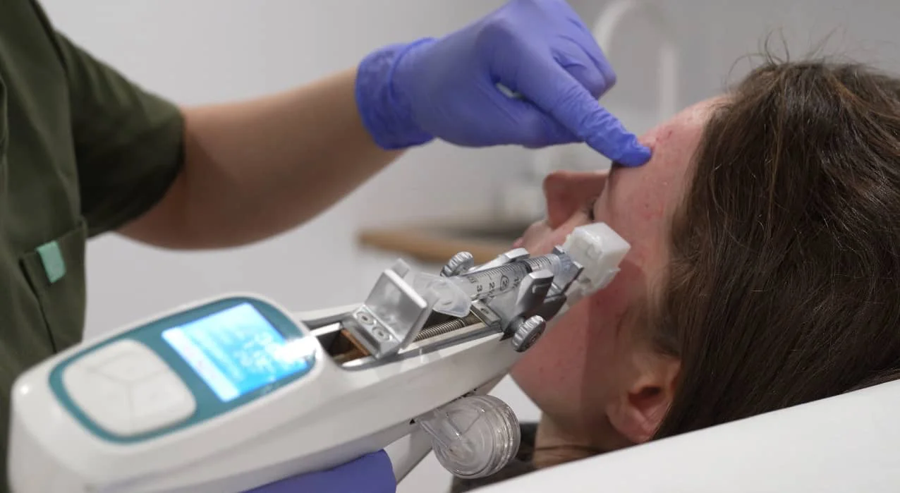 traitement Champagne facial à la clinique skinin Professionnel en gants bleus appliquant un traitement facial avec un appareil médical sur le front d'une patiente allongée.