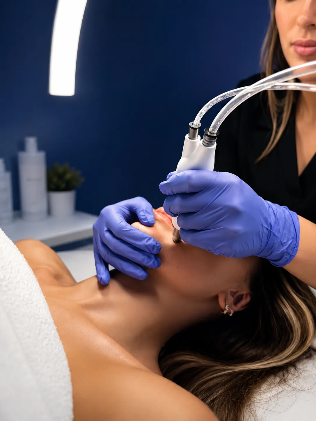 Esthéticienne portant des gants bleus qui effectue un soin du visage Hydrafacial sur une cliente allongée.