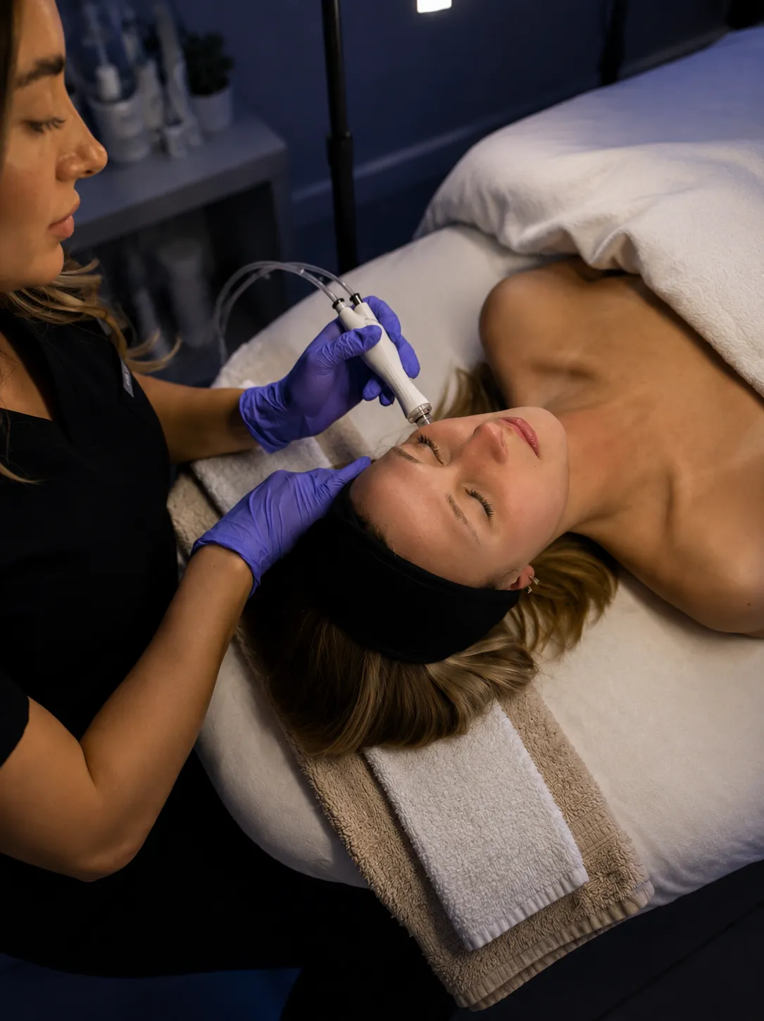 Esthéticienne portant des gants bleus appliquant un soin du visage avec un appareil sur le front d'une cliente allongée, la tête reposant sur des serviettes. bela md clinique skinin
