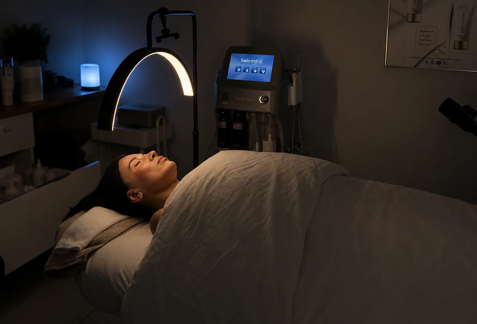 Femme allongée, les yeux fermés, sous une couverture dans une salle de soin avec une lampe incurvée allumée au-dessus d'elle. clinique skinin