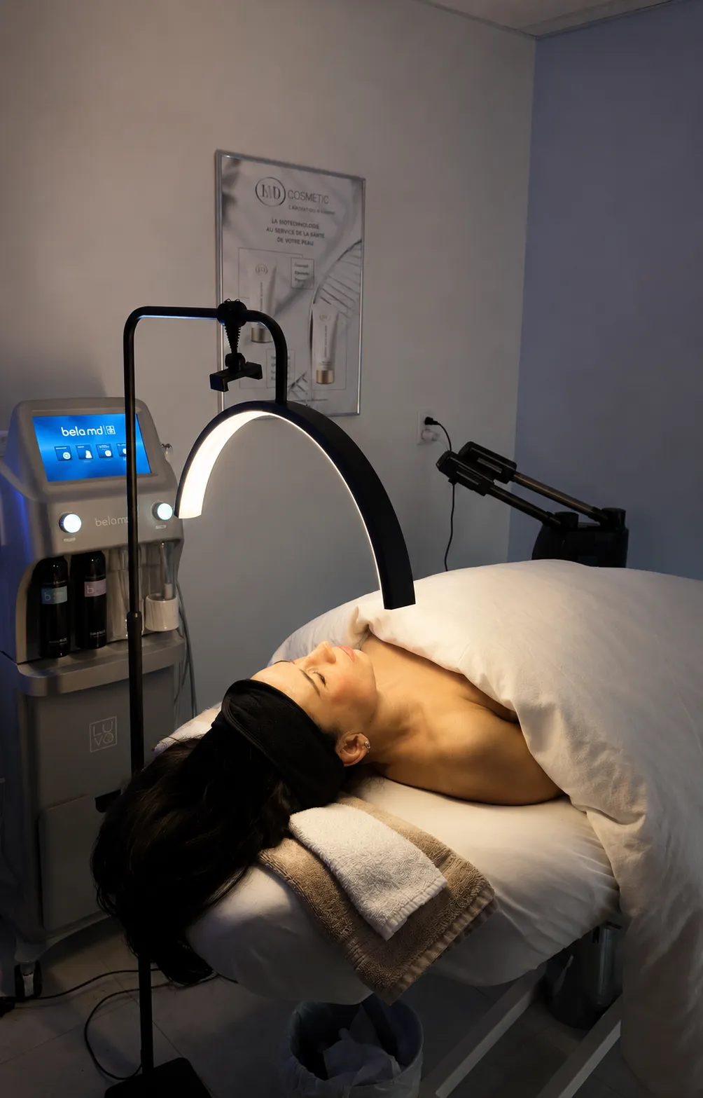 Femme allongée sur une table de soin, couverte d'une couverture beige, avec une lampe circulaire au-dessus de son visage dans une salle d'esthétique.