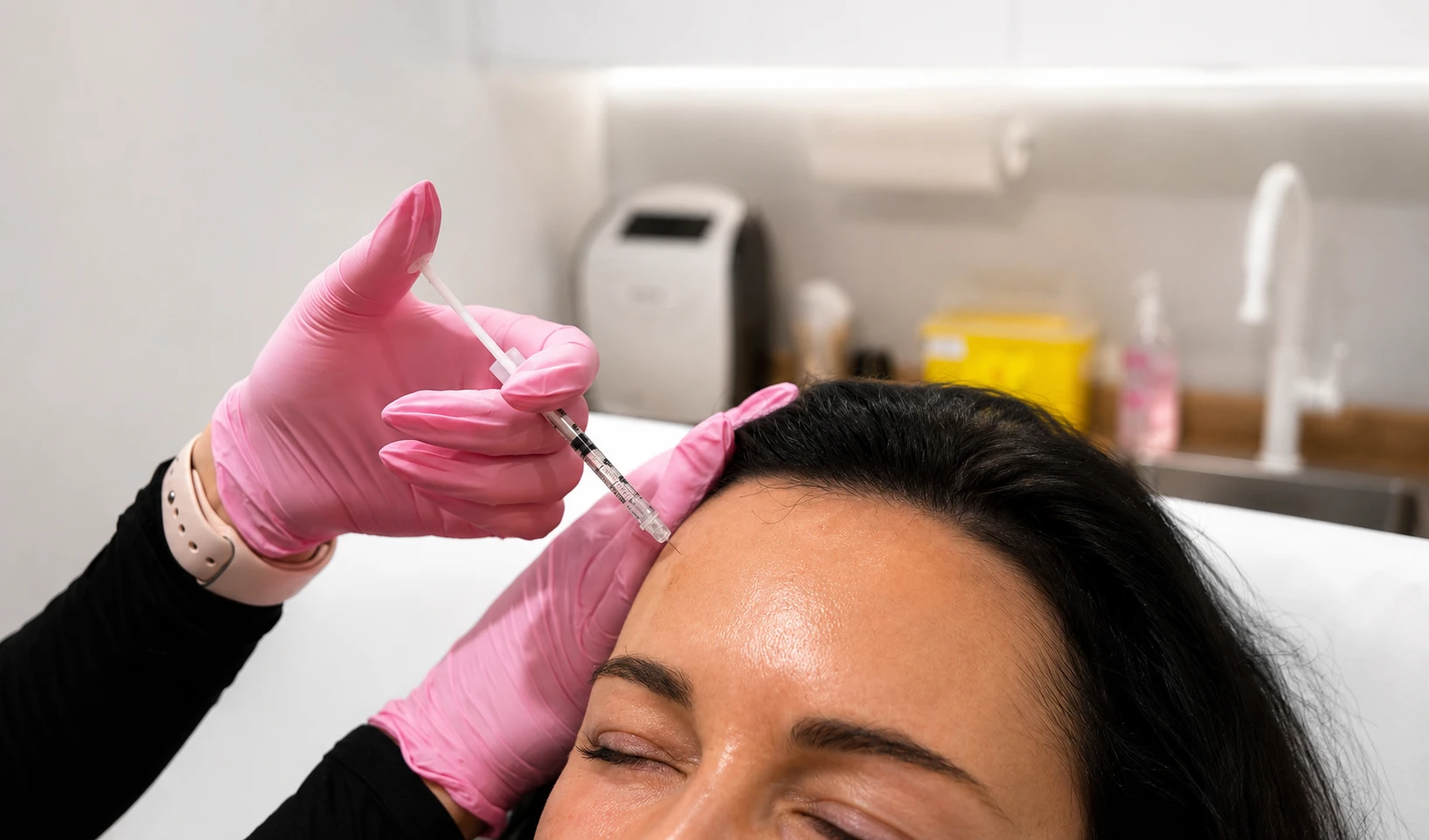 Injection de Botox sur le front d'une femme par une personne portant des gants roses.