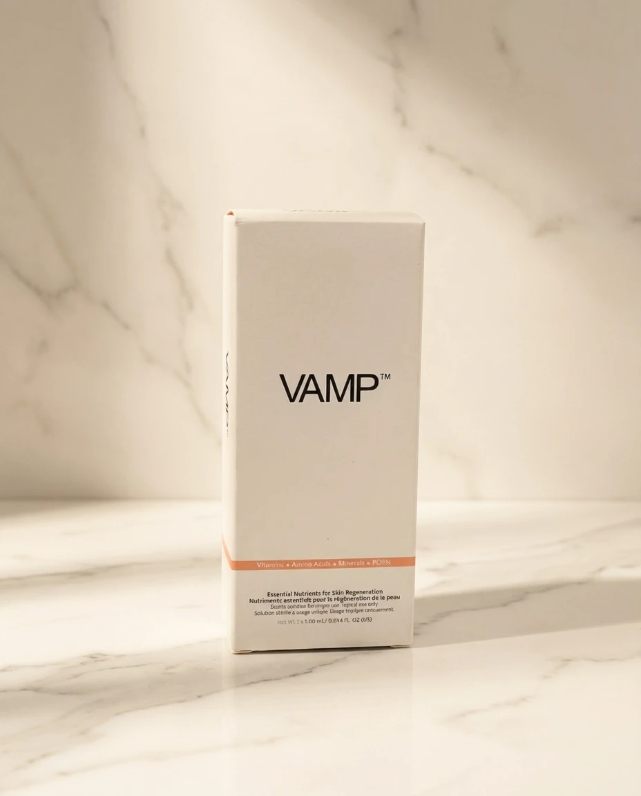 Boîte blanche du produit VAMP pour régénération cutanée avec vitamines et minéraux.