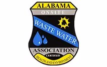 Alabama Onsite Waste Water Association badge logo with blue water drops and sun icon