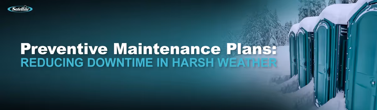 Row of Satellite industries portable restrooms staged outdoors in winter conditions, representing preventive maintenance planning and weather protection in the portable sanitation industry.