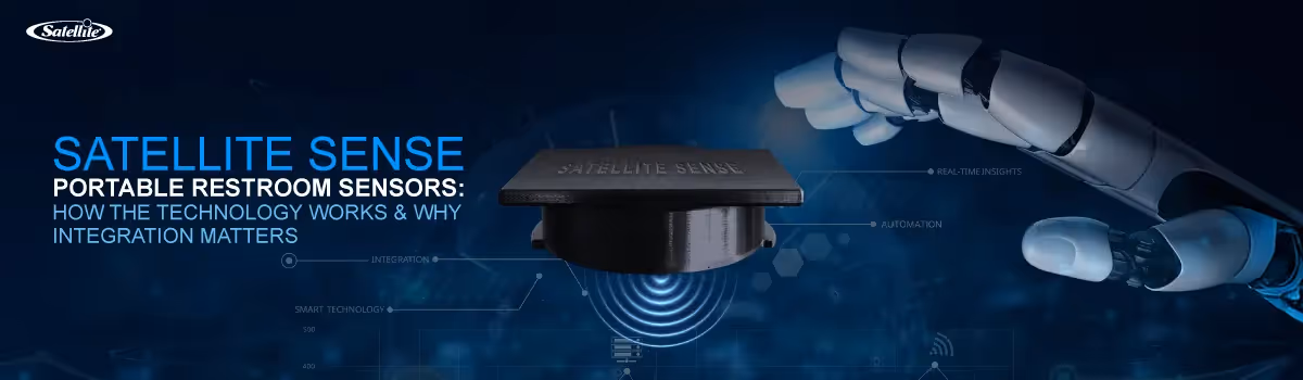 Satellite Sense portable restroom sensor displaying ultrasonic monitoring and smart connectivity, representing real-time data collection, integration, and proactive portable sanitation management.