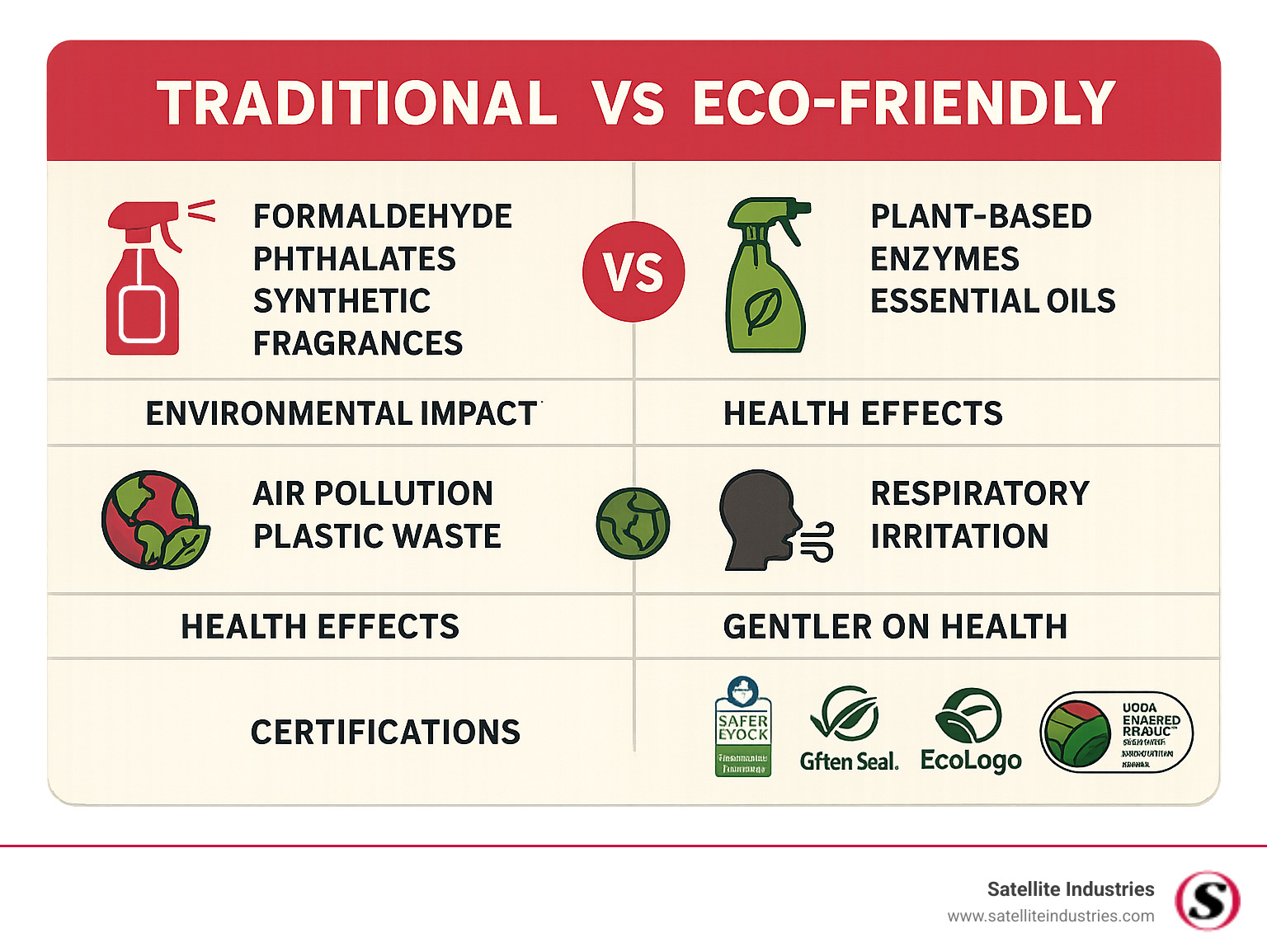 Comparison of traditional vs eco-friendly deodorizers showing ingredients, environmental impact, health effects, and typical certifications in a side-by-side format - eco-friendly deodorizers infographic