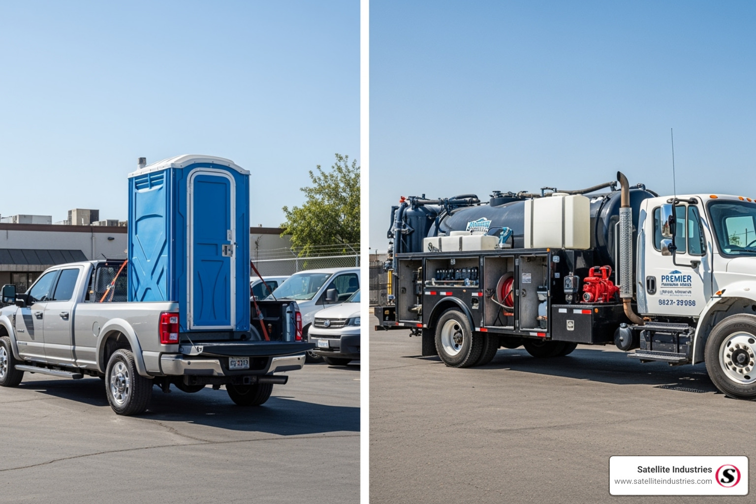 Side-by-side comparison of a slide-in unit on a pickup and a full chassis-mounted truck, illustrating the versatility and scale of different portable restroom truck types - Portable restroom truck
