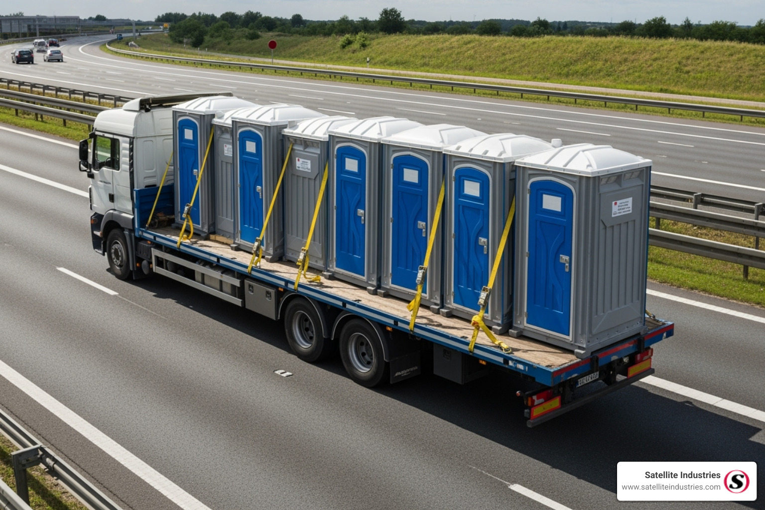 Multiple portable shower and toilet units being transported on a truck - portable shower and toilet units
