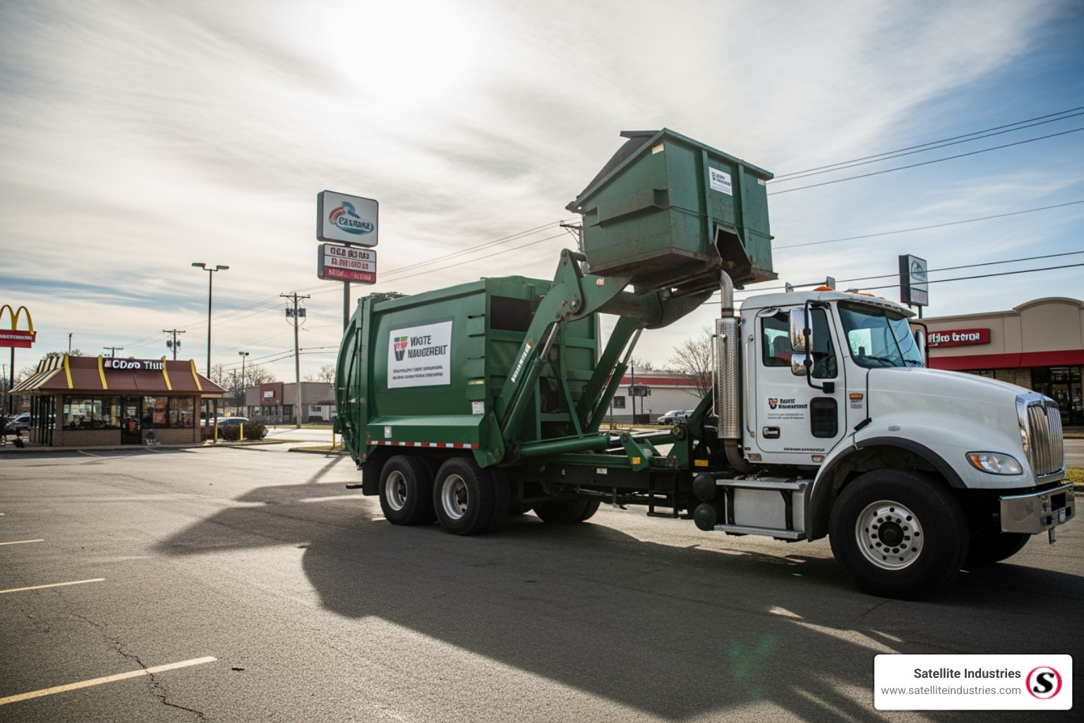 A front loader waste handling truck lifting a large commercial dumpster - Waste handling truck