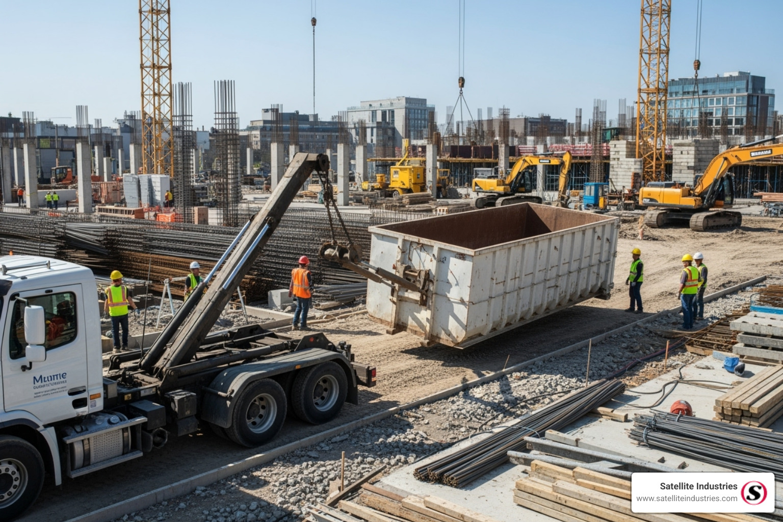 A roll-off truck positioning a large container at a busy construction site - Waste handling truck