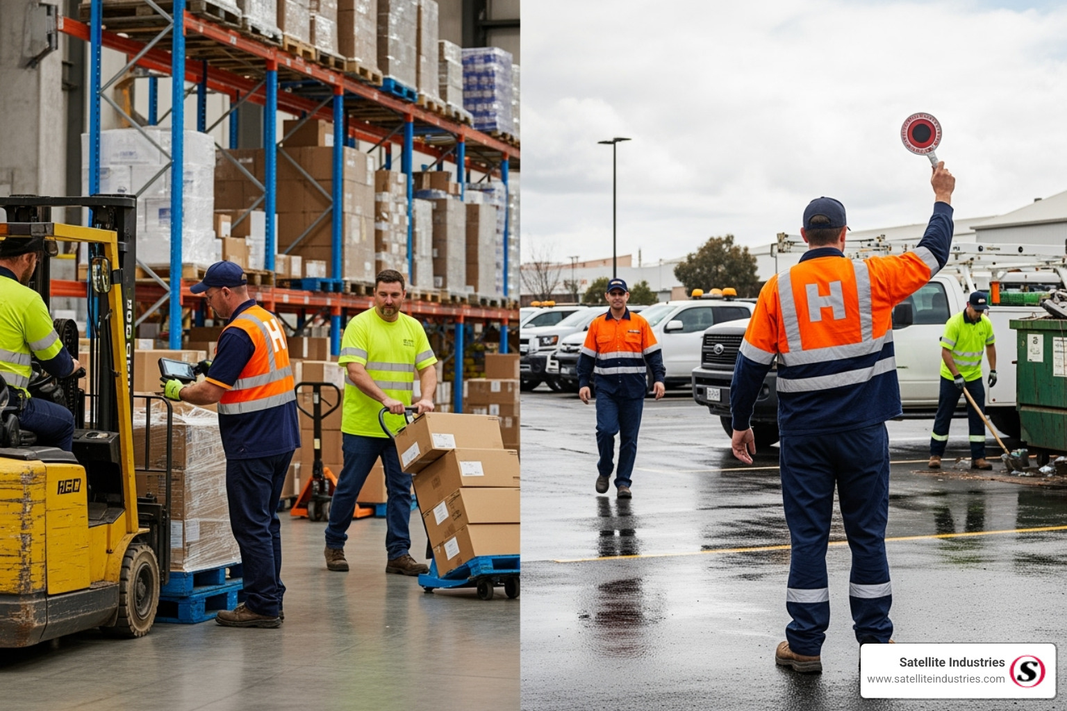 Workers in a warehouse and a parking lot wearing appropriate improved visibility vests and shirts, demonstrating how different environments require specific apparel choices. - improved visibility clothing