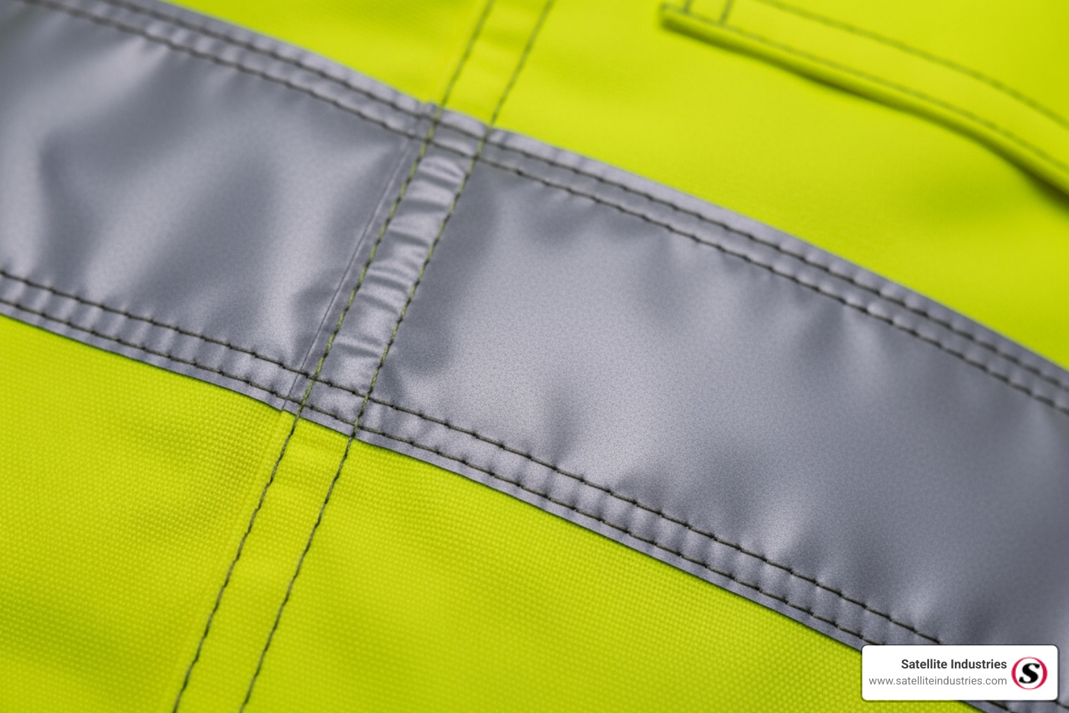 A close-up on the reflective tape and bright fabric of an improved visibility jacket, highlighting its material science, durability, and comfort features. - improved visibility clothing