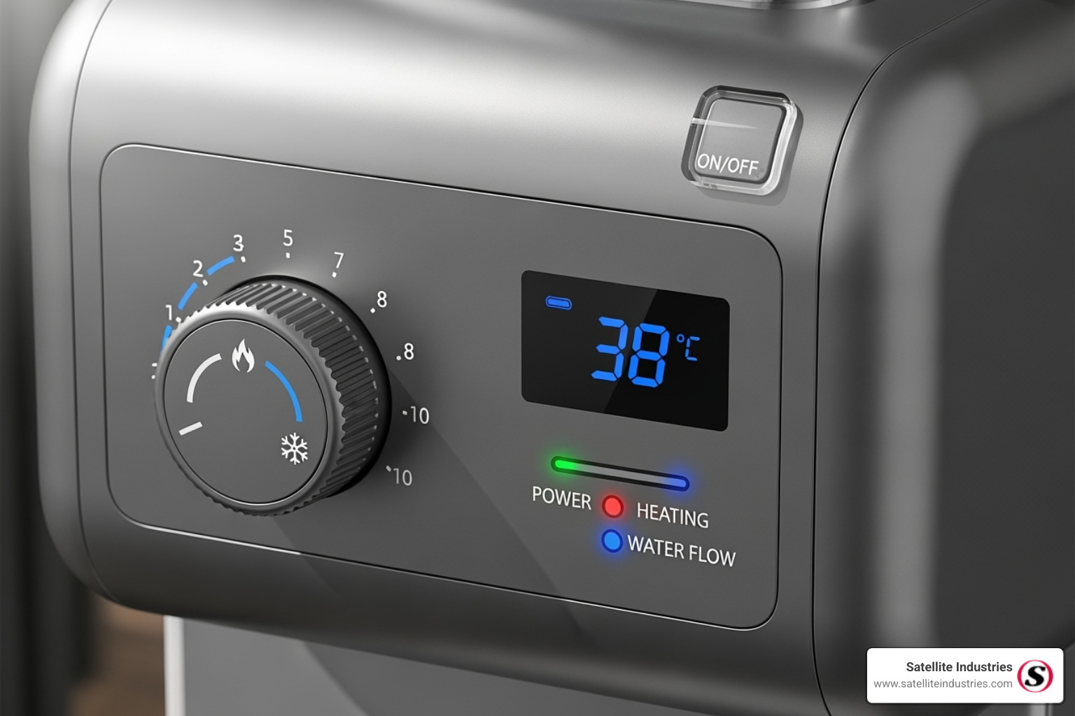 control panel on a portable shower unit showing temperature controls and status indicators - portable hot water shower units