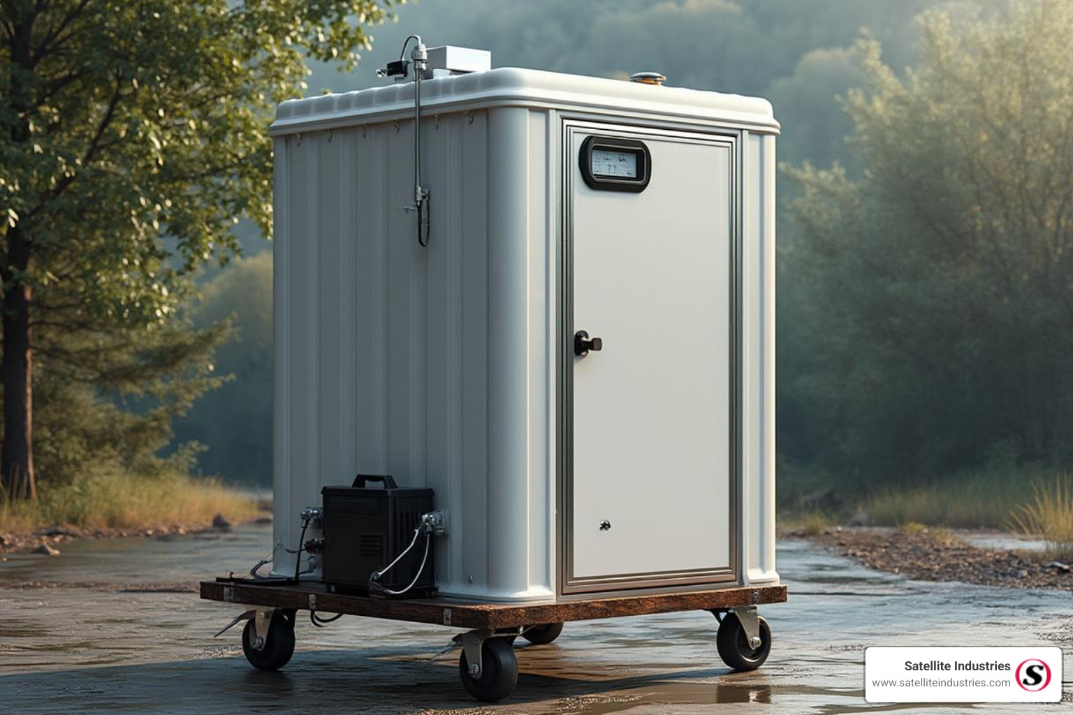 single, self-contained portable shower unit on a dolly - portable hot water shower units