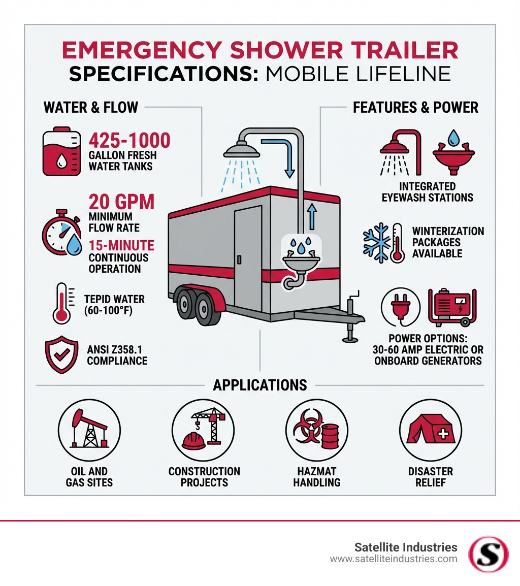 Infographic showing emergency shower trailer specifications: 425-1000 gallon fresh water tanks, 20 GPM minimum flow rate, 15-minute continuous operation, tepid water 60-100°F, ANSI Z358.1 compliance, integrated eyewash stations, winterization packages available, power options including 30-60 AMP electric or onboard generators, applications include oil and gas sites, construction projects, hazmat handling, and disaster relief - Emergency shower trailers infographic