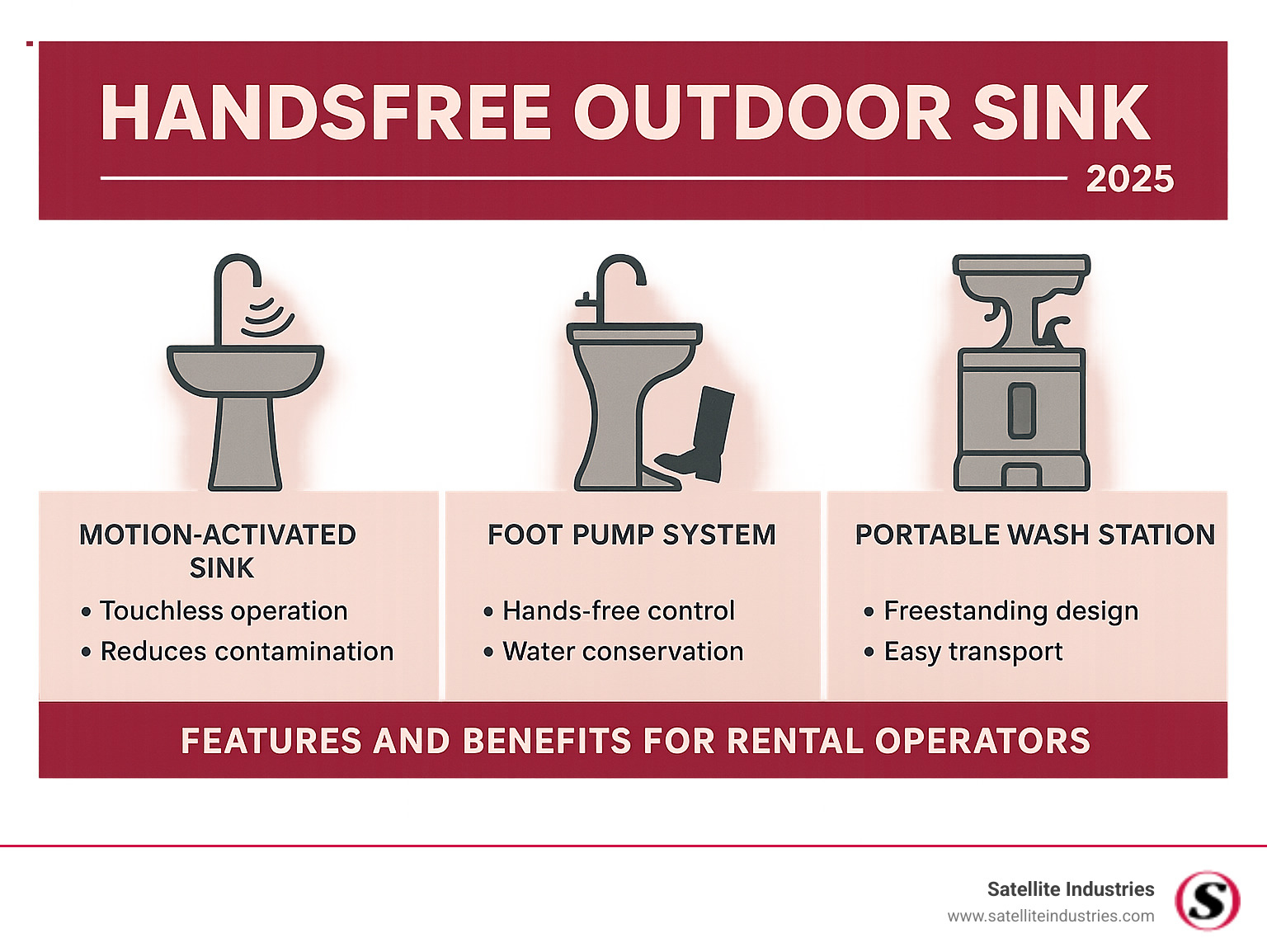 Detailed comparison infographic showing hands-free outdoor sink types including motion-activated sinks, foot pump systems, and portable wash stations with features and benefits for rental operators - Hands free outdoor sink infographic