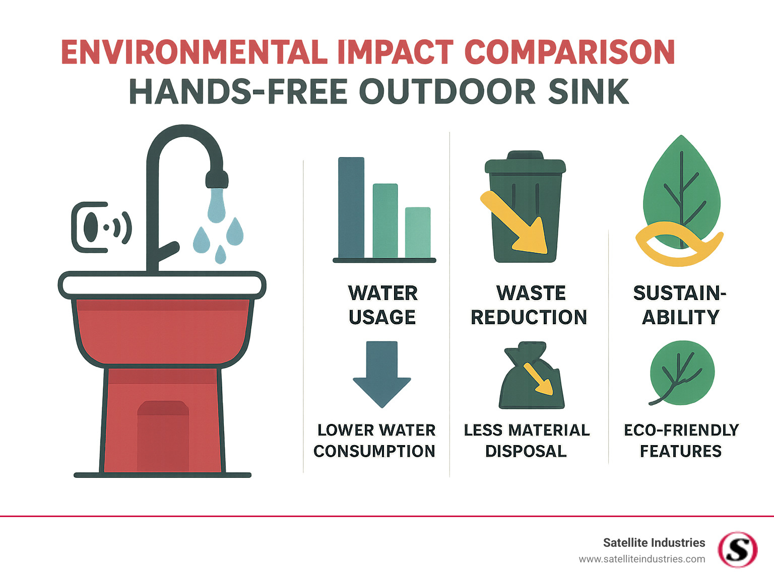 Environmental impact comparison chart showing water usage, waste reduction, and sustainability metrics for hands-free outdoor sinks - Hands free outdoor sink infographic