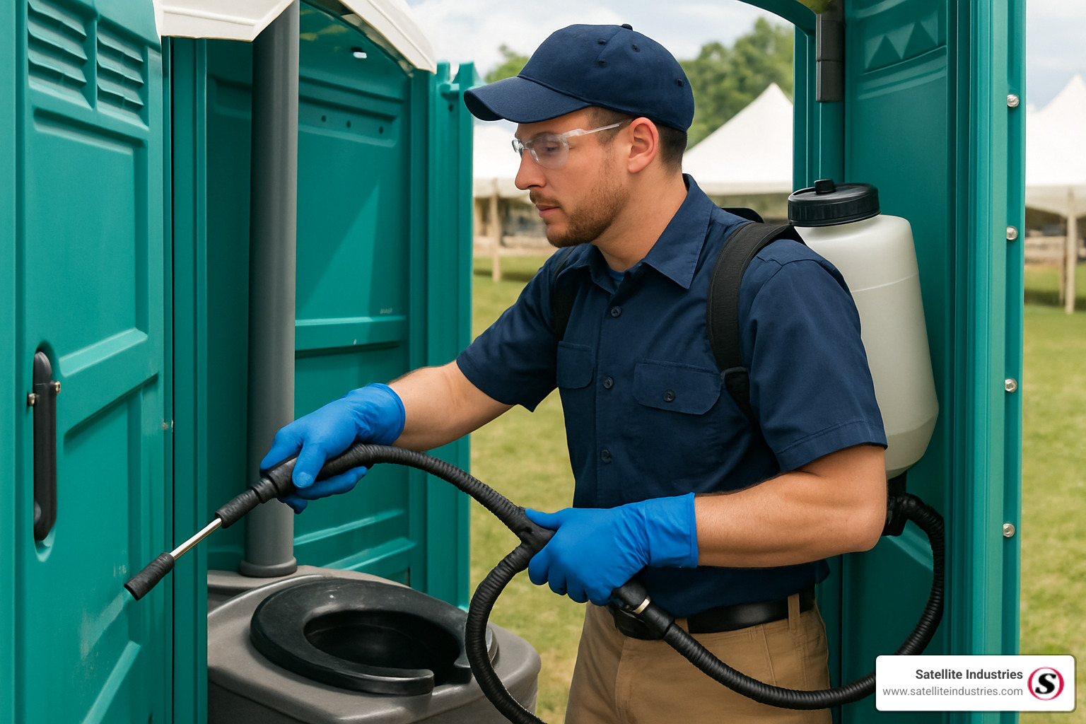 Professional service technician demonstrating proper cleaning procedures - portable restroom supplies