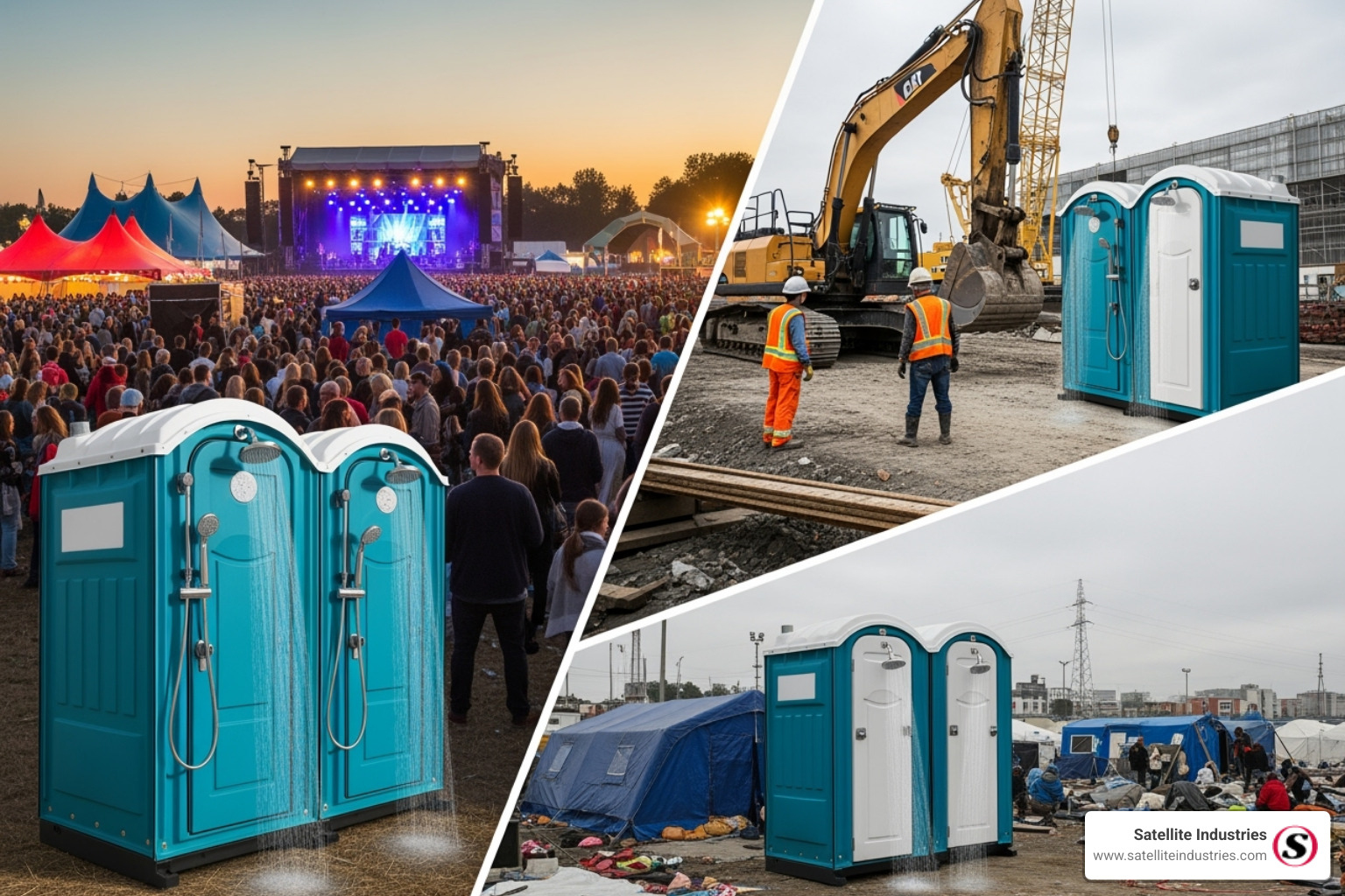 Collage showing portable showers in different settings: a festival, an industrial site, and a disaster relief camp - portable shower units for sale
