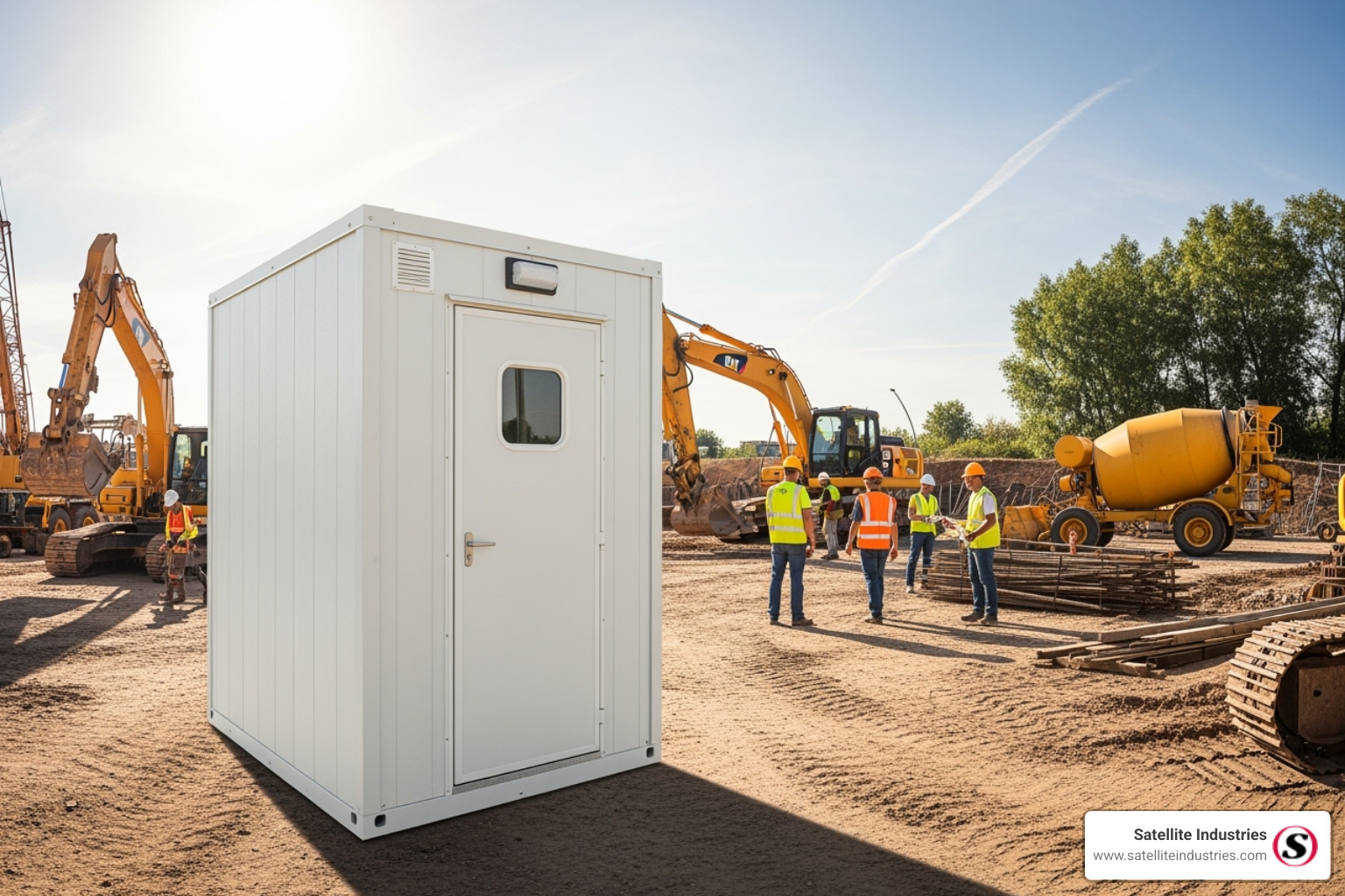 A single, durable fiberglass shower cabin on a construction site - portable shower units for sale