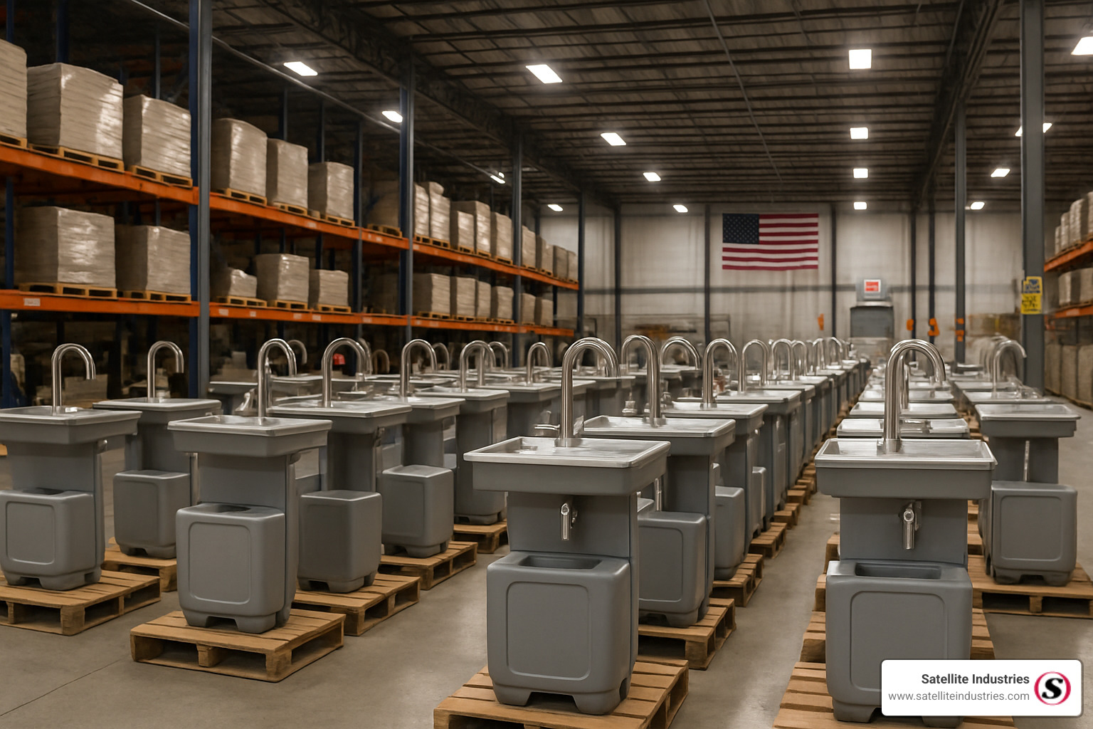 warehouse stocked with portable sinks ready for distribution - portable sink with water tank