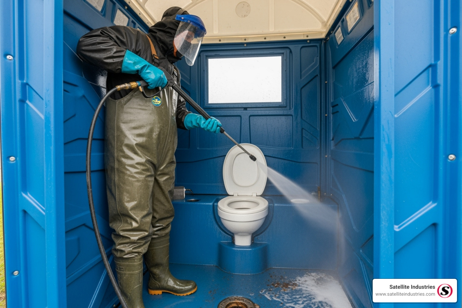 a technician using a high-pressure washdown tool inside a unit - Portable toilet pumping