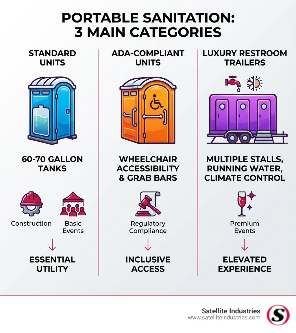 infographic showing three main categories of portable sanitation: Standard Units with 60-70 gallon tanks for construction and basic events, ADA-Compliant Units with wheelchair accessibility and grab bars for regulatory compliance, and Luxury Restroom Trailers with multiple stalls, running water, and climate control for premium events - buy portable restrooms infographic