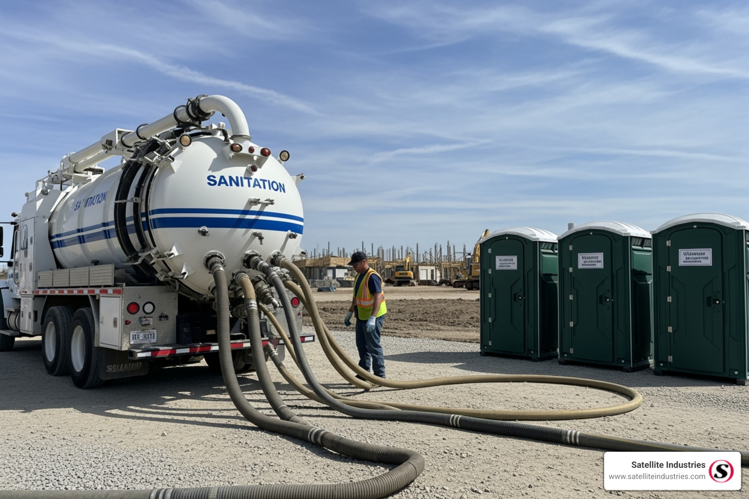 A specialized vacuum truck used for waste collection, with hoses extended to connect to portable sanitation units - Sanitary waste management