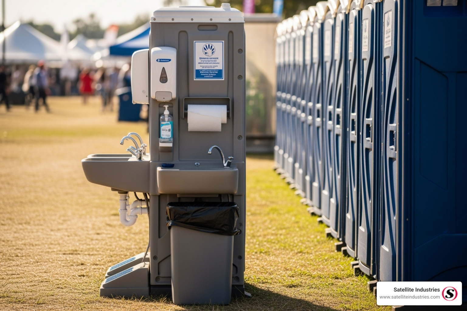 A clean, well-stocked handwashing station next to a row of portable toilets, emphasizing hygiene - Event porta potty rentals