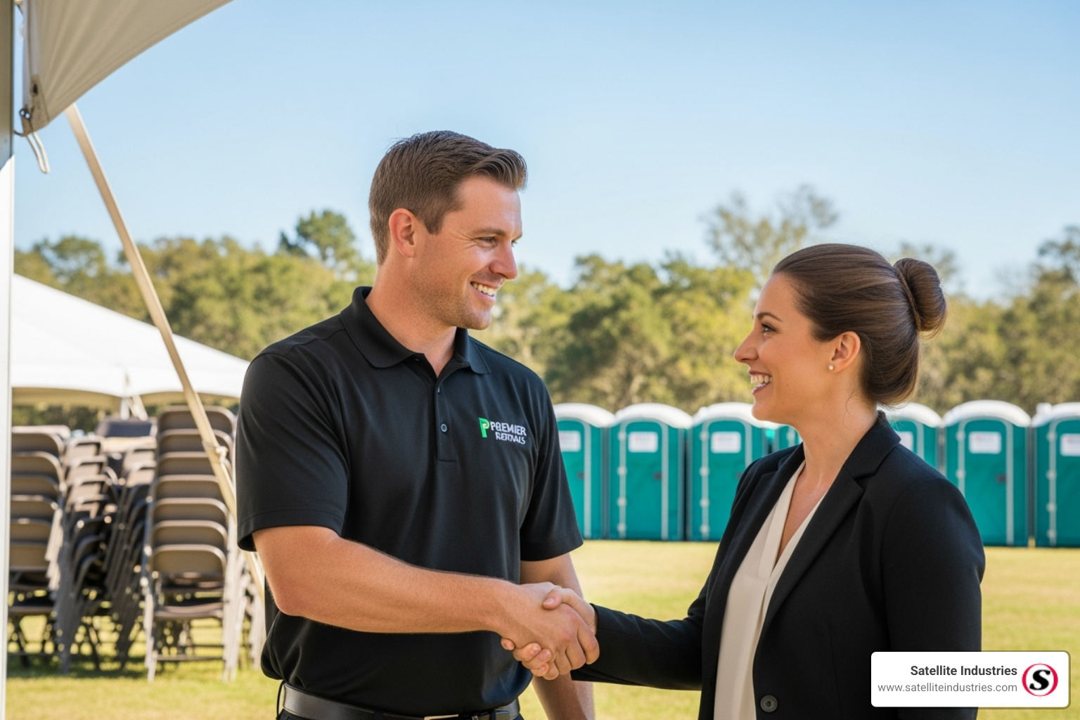 A rental company employee shaking hands with a happy event planner, symbolizing partnership - Event porta potty rentals