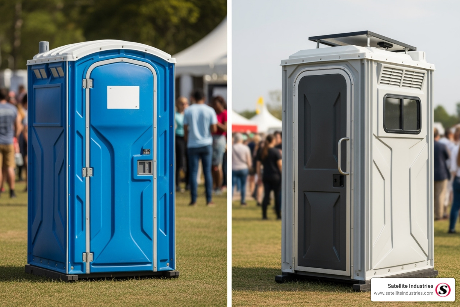 A standard portable toilet next to a deluxe flushing unit, illustrating the difference in design and features - Event porta potty rentals