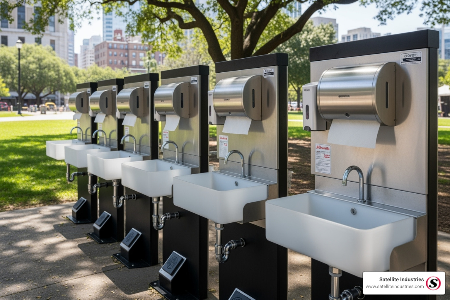 Various Satellite Industries hand wash station models side-by-side - camping hand wash station