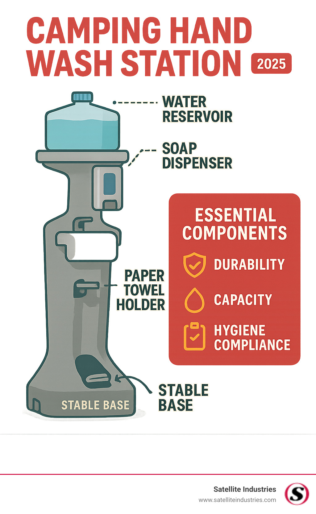 Infographic showing the essential components of a professional camping hand wash station: water reservoir at top, hands-free foot pump mechanism, integrated soap dispenser, paper towel holder, greywater collection basin at bottom, and stable base - all highlighting durability, capacity, and hygiene compliance features - camping hand wash station infographic