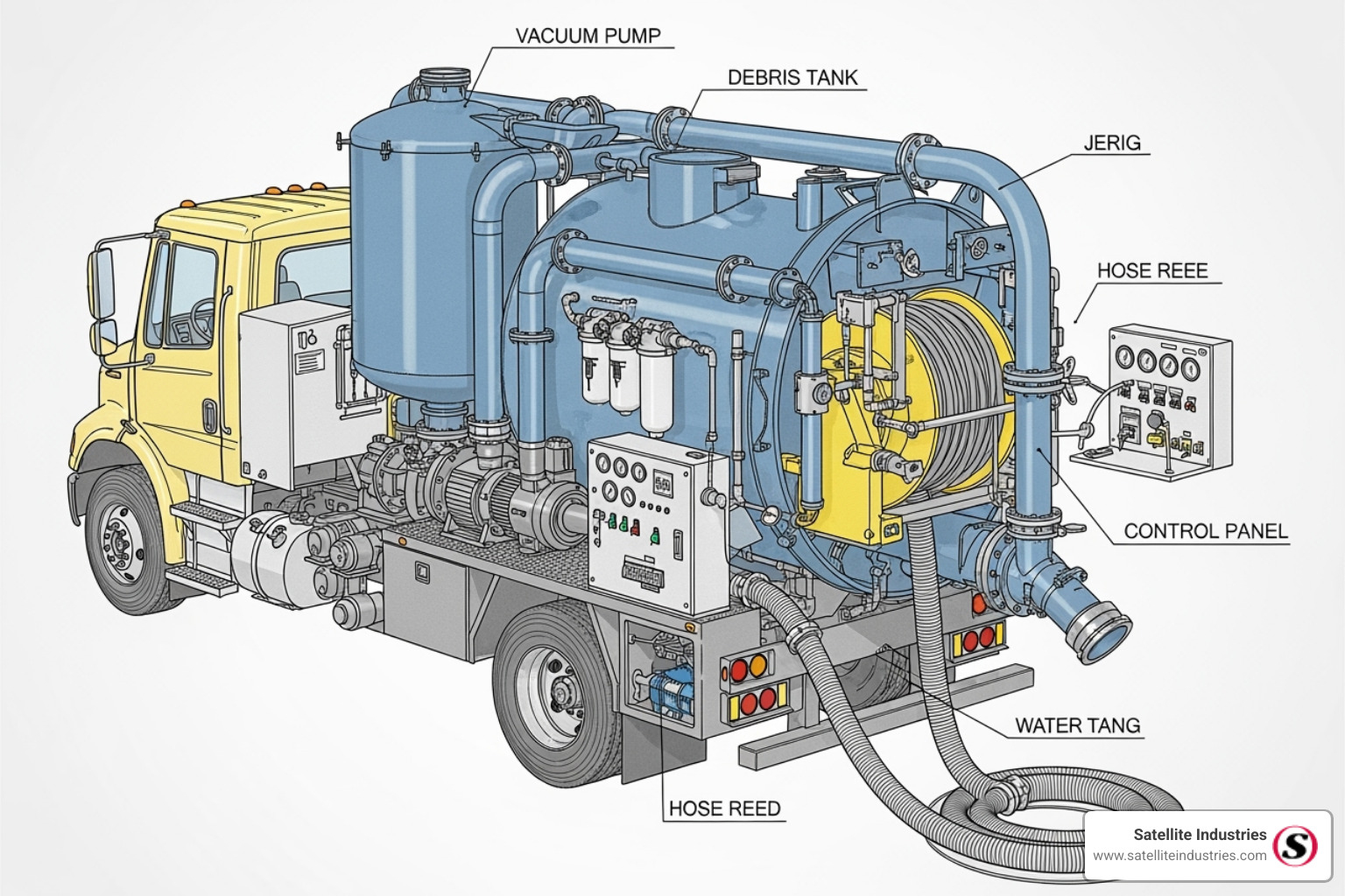 cutaway diagram showing the key components of a vacuum truck - vac truck