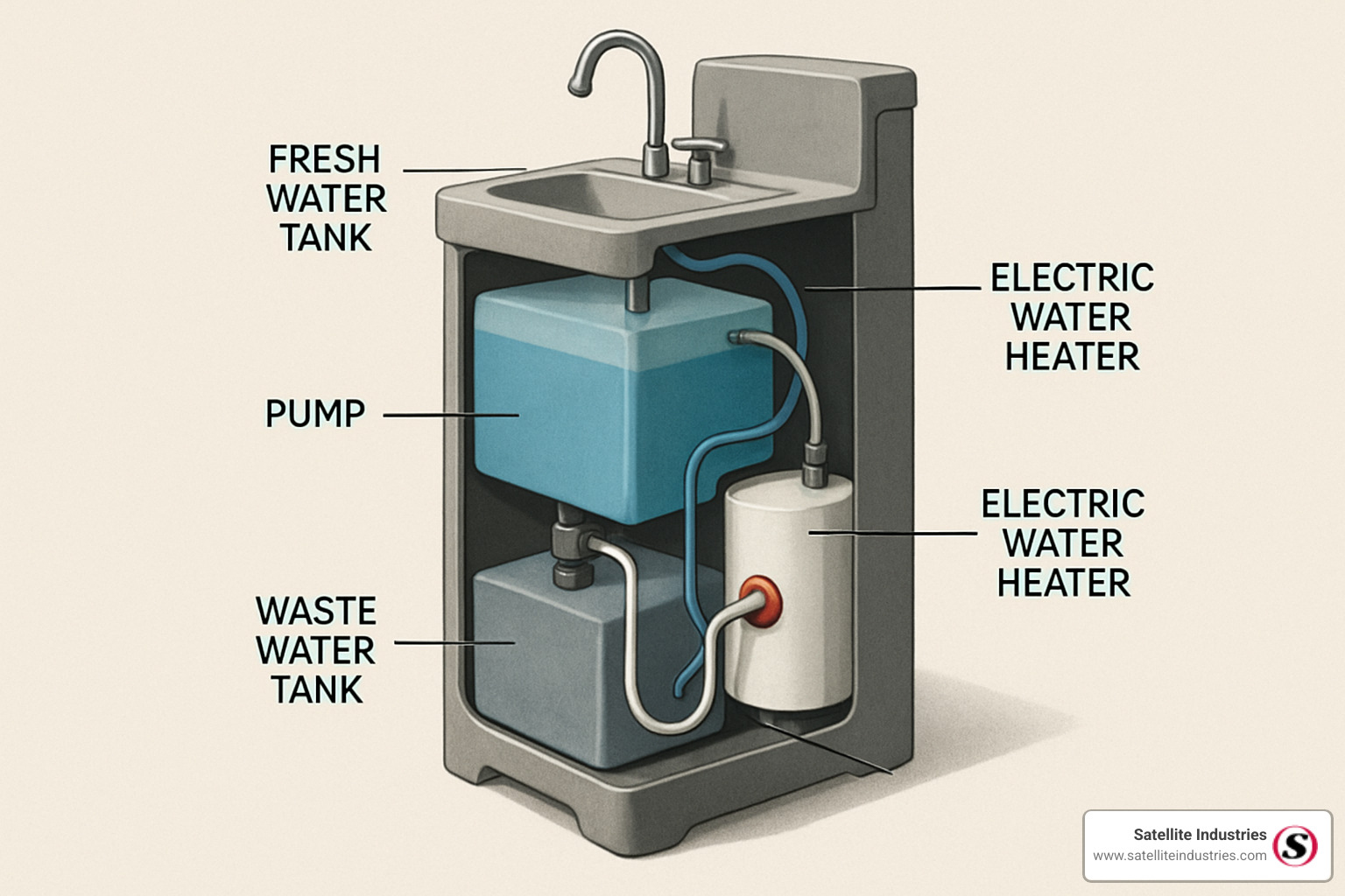 electric sink cut-away showing internal components - portable hand washing station with hot water