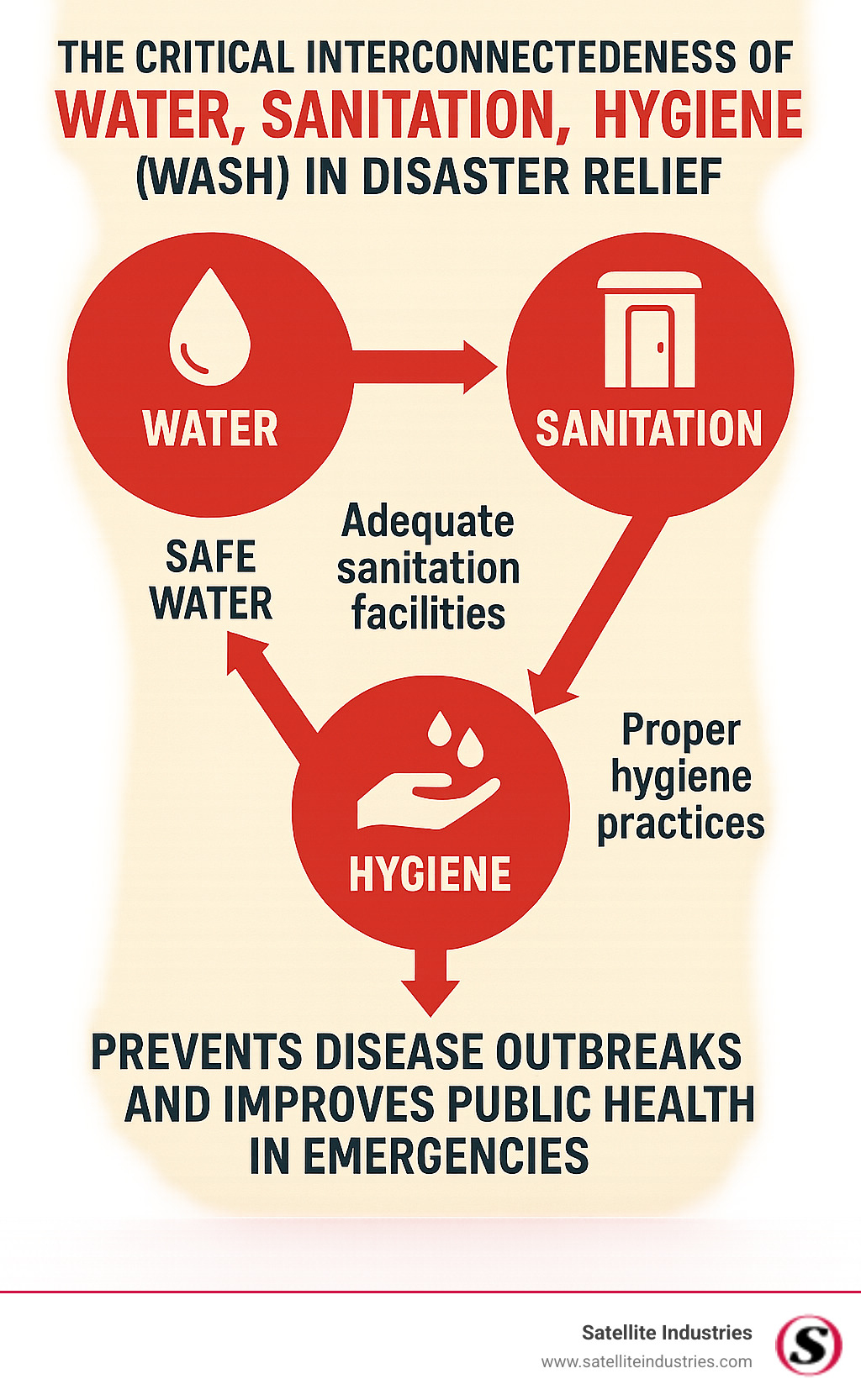 Infographic explaining the critical interconnectedness of Water, Sanitation, and Hygiene (WASH) in disaster relief, showing how safe water, adequate sanitation facilities, and proper hygiene practices work together to prevent disease outbreaks and improve public health outcomes during emergencies. - components of disaster relief water food sanitation infographic