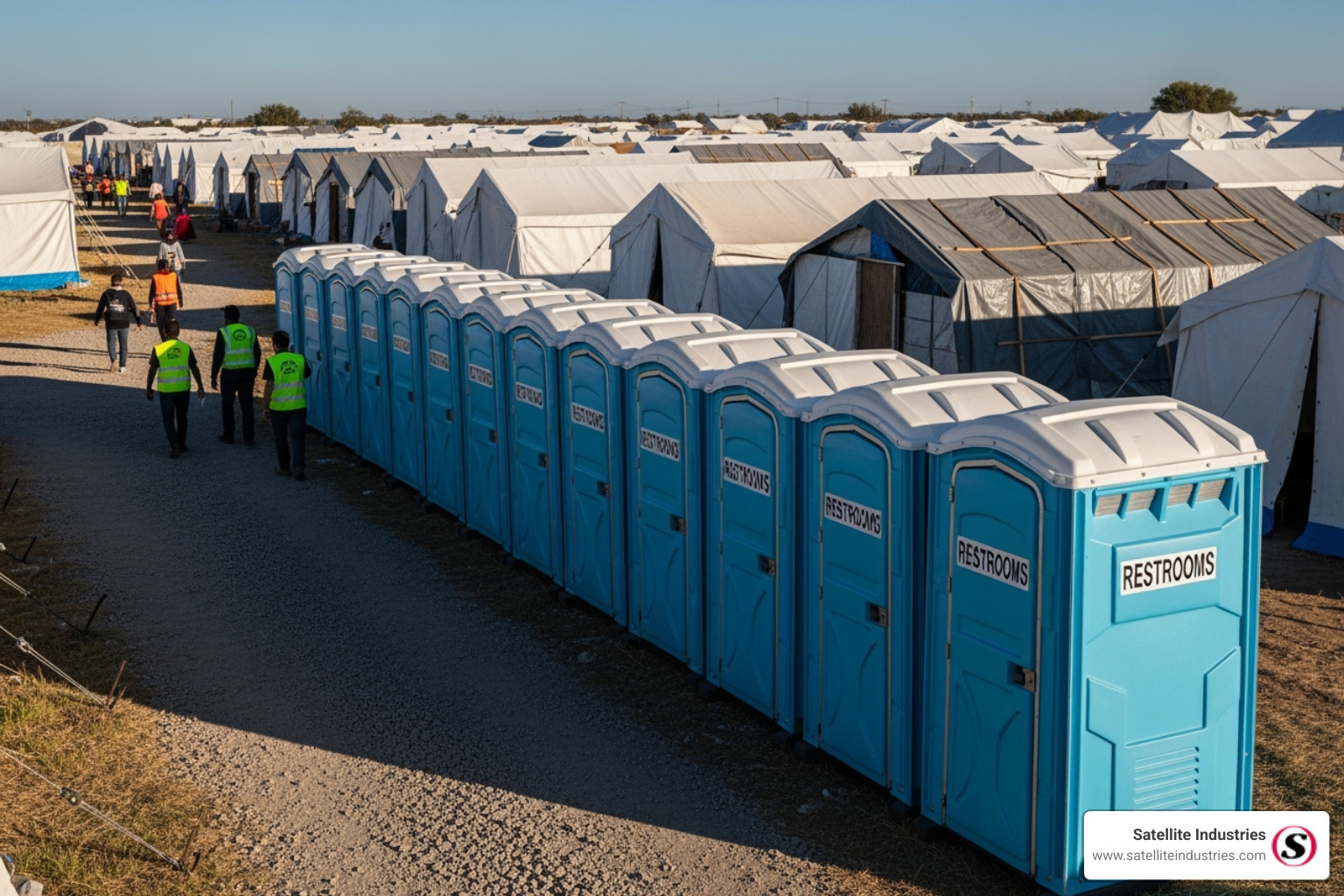 row of clean, durable portable restrooms at a disaster relief camp - components of disaster relief water food sanitation