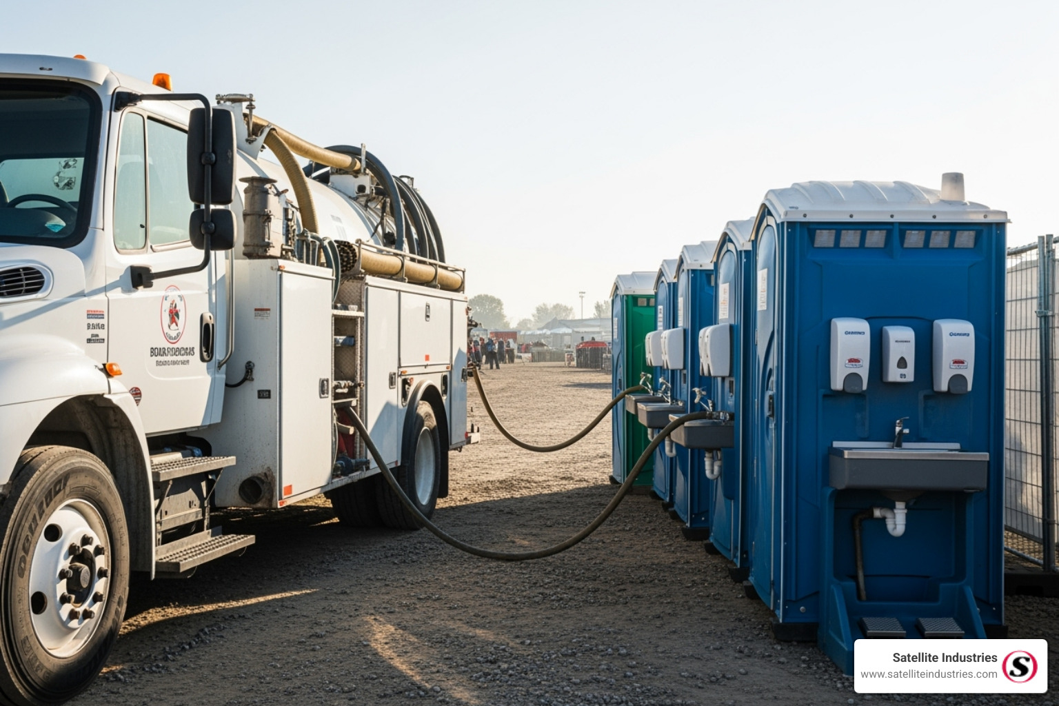 A service truck next to a row of portable sanitation units, implying maintenance and service - hand wash station hire