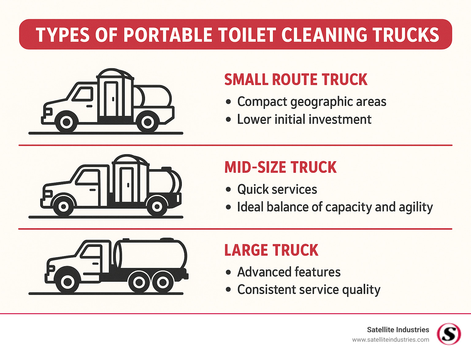 Comparison chart showing different truck sizes and their optimal use cases - portable toilet cleaning truck infographic 
