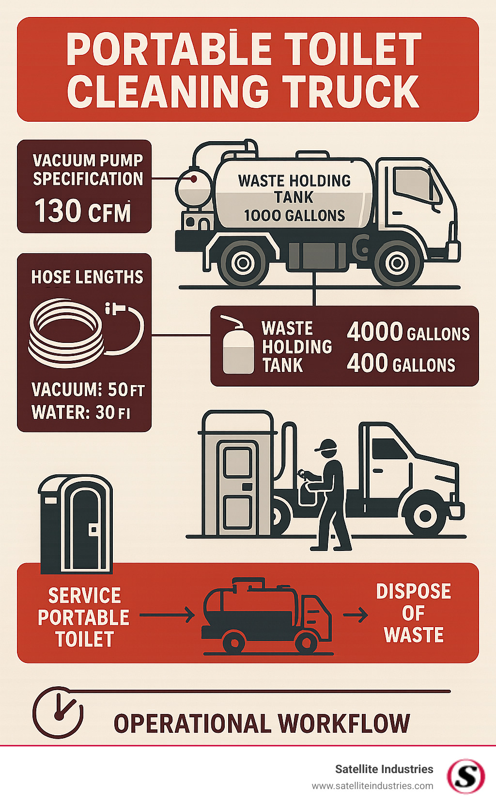 Detailed breakdown of portable toilet cleaning truck components including vacuum pump specifications, tank capacities, hose lengths, and operational workflow diagram - portable toilet cleaning truck infographic