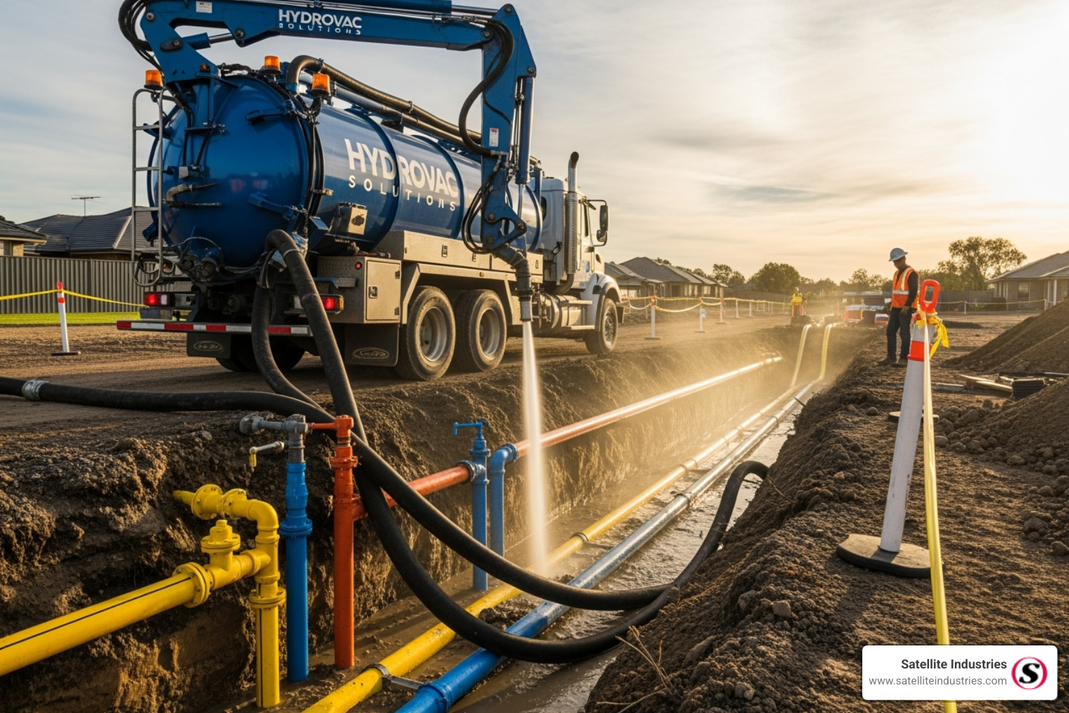 hydro-excavation truck precisely exposing underground pipes without damage - vac truck services