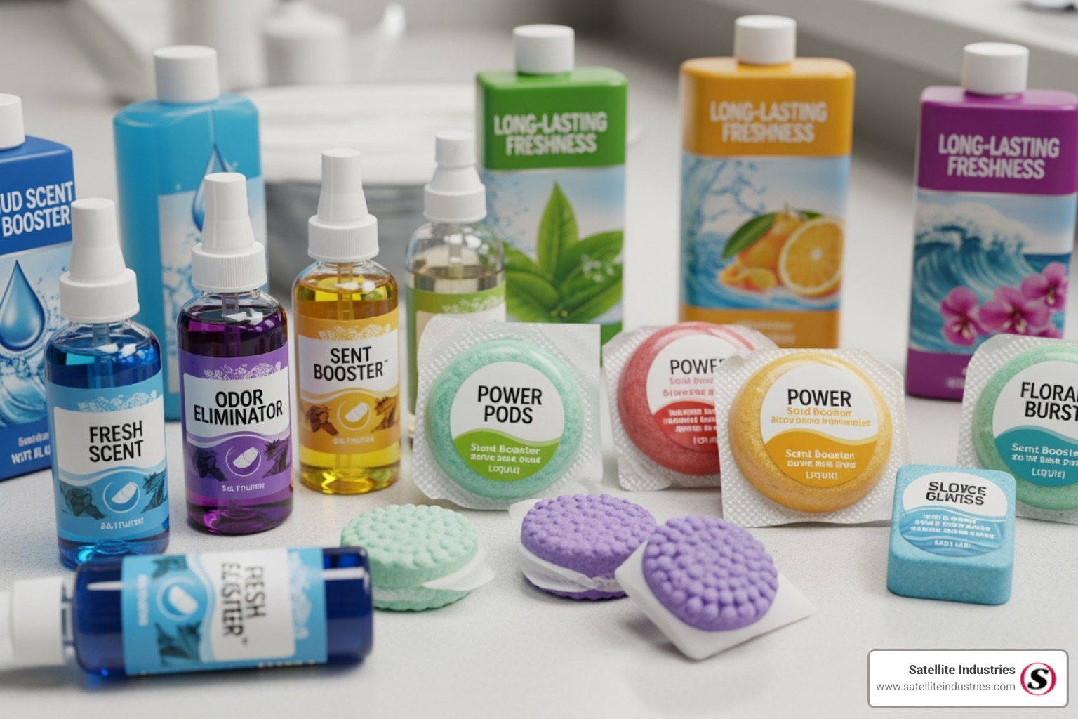 comparison of standard, odor-neutralizing, and light scent booster types in bottles