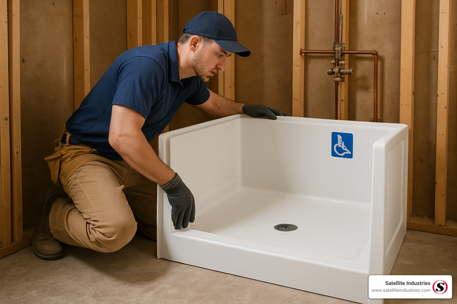 Professional installer positioning a handicap walk-in shower pan during installation process - handicap walk in showers