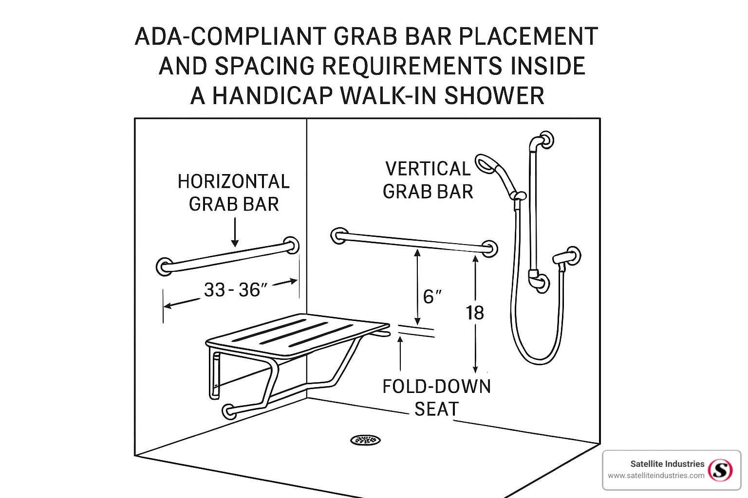 ADA compliant grab bar placement and spacing requirements for handicap walk-in showers - handicap walk in showers