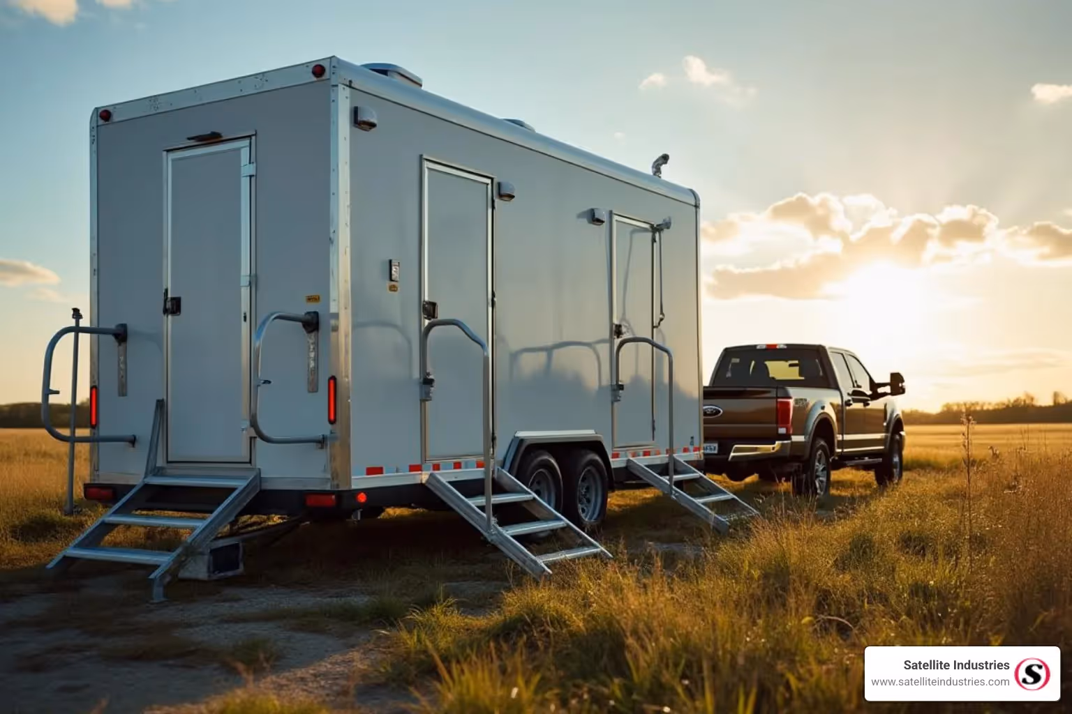 restroom trailer being delivered and set up on uneven terrain - restroom trailers Europe