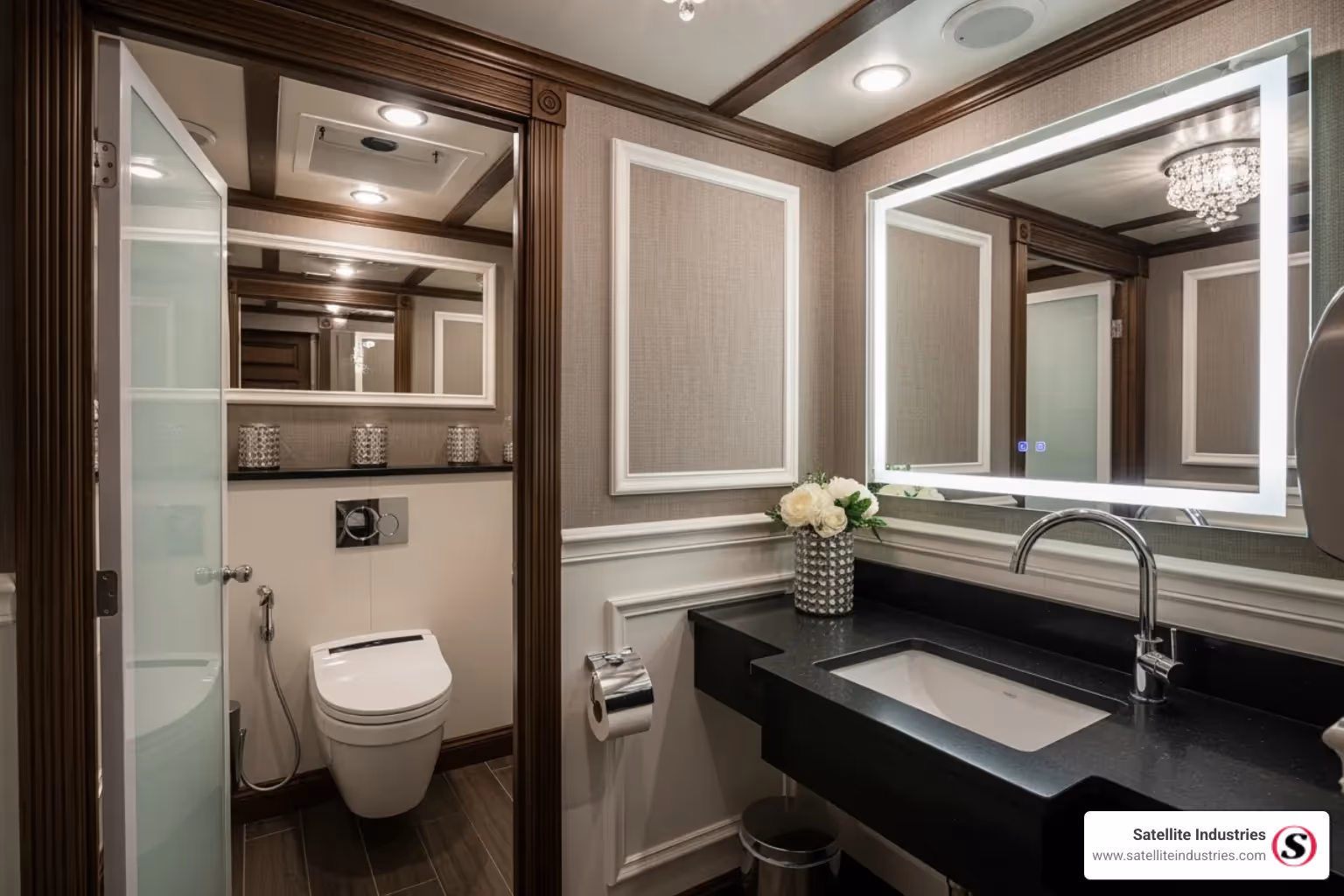 luxury restroom trailer interior with high-end finishes - restroom trailers Europe