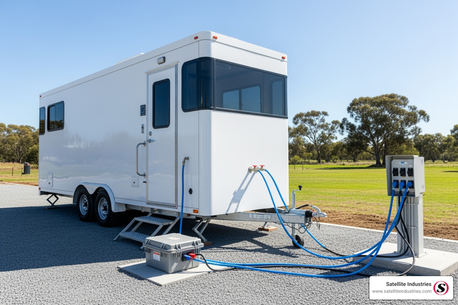 A restroom trailer being set up on a level site with power and water connections clearly visible - Rent restroom trailer